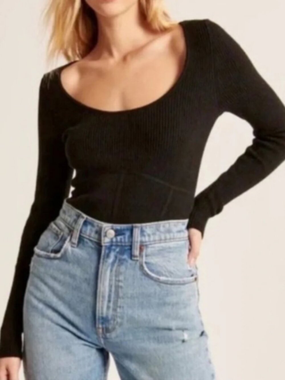 Abercrombie & Fitch Ribbed Slim Fit Corset Scoop Neck Long Sleeve Top